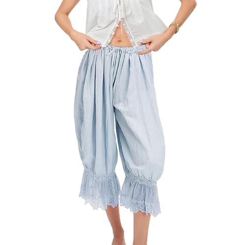 Image of KOSUSANILL Women Long Bloomer Pants Lace Trim Ruffle Pantaloons Cropped Lounge Pajama Bottoms Y2K Capri Pettipants
