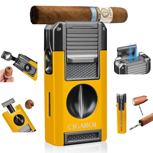 5-in-1 Cigar Lighter with Double Jet Flame V-Cutter Punch Draw Enhancer & Cigar Rest Windproof Refillable Butane Lighter All-in-One Cigar Accessory Gift for Men
