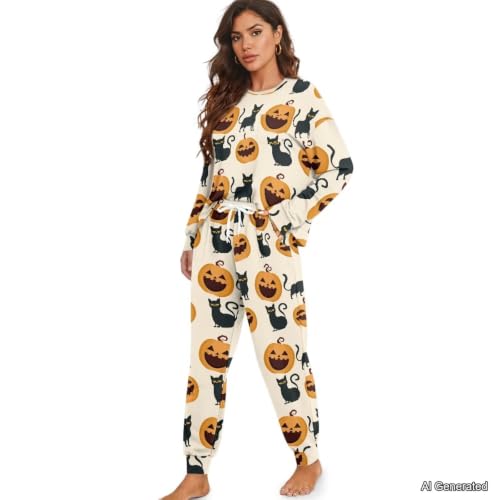 Image of Womens Lounge Set Long Sleeve Soft Pajama Sets | Casual 2 Piece Pj Outfit, Crewneck Sleepwear with Pockets, Adjustable Drawstring, Soft Comfy Fall Pajamas, Plus Size