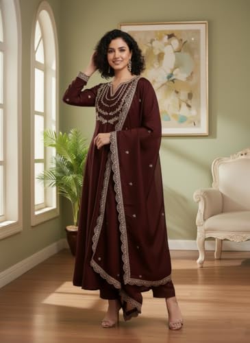 Image of Yashika Women's Silk Blend Embroidered Anarkali Kurta Set with Dupatta | Full Length Ethnic Wear for Women | Wedding