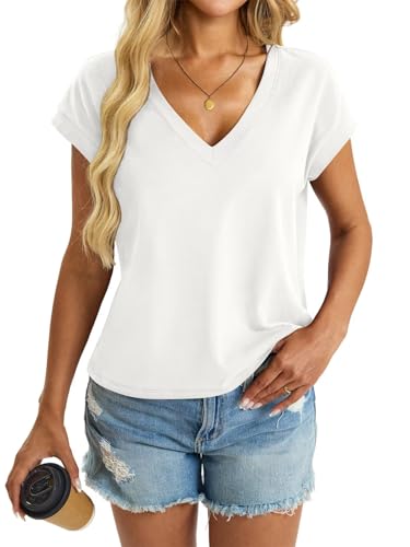 Womens Cap Sleeve Crop Tops Cotton V Neck T Shirt Boxy Loose Fit Short Sleeves Tee Summer Fashion Clothes 20254