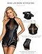 sunshinelady Damen Lederkleid Kunstleder für Mollige Frauen Mesh Ärmellos Dessous Bodycon Clubwear Sexy Kleid Damen Neckholder Babydoll Minikleid Curvy Partykleid Elegant Schwarz Große Größen S