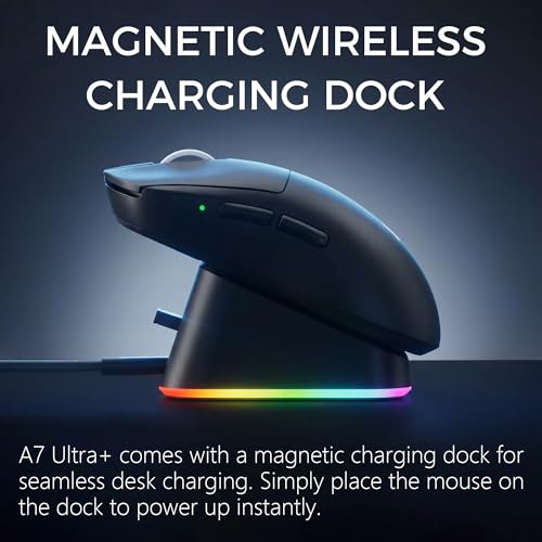 Image of MCHOSE A7 V2 Ultra+ Wireless Gaming Mouse, Megnetic Charging Dock,Tri-Mode Connection, 59 Grams, PAW3950 TI 42K DPI Sensor, Wired /Wireless Dual 8K Polling - Black