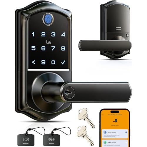 Veise VE019 Fingerprint Smart Lever Lock - APP Control, Keypad Door Lock with Handle, Keyless Entry for Front Door and Bedroom, Electronic Digital Knob, Remote Grant, IP55 Weatherproof, Matt