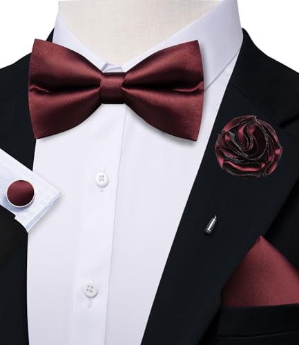 Image of Solid Color Bow Ties for Men Silk Pre-tied Tuxedo Bowtie Set 4PCS | Pre-tied in 3 seconds,adjustable 4PCS bow tie and pocket square cufflinks lapel pin set,wedding,formal,party,prom,graduation