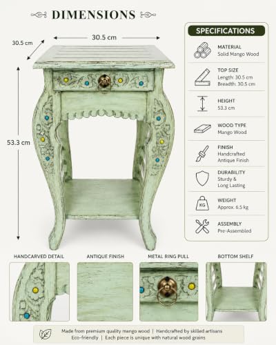 Image of Multipurpose Table Outdoor Indoor Stool Flower Vase Stool with One Drawer Material Mango Wood Size 30.5CM x 30.5CM x 53.3CM (Lite Green Antique)
