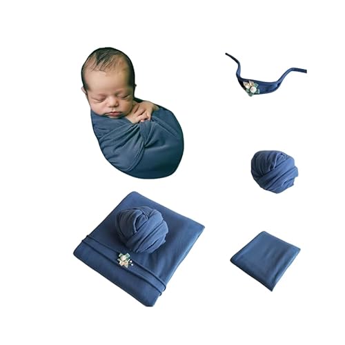 ニューボーンフォト おくるみ ラップ セット 撮影 布 ストレッチ 新生児 写真 赤ちゃん お包み 毛布 ブランケット ベビー 道具 (セットには毛布と布が含まれています) (ブルー)