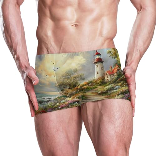 Lighthouse Flowers Ocean Mens Swim Trunk Swimwear Bathing Suit Swim Brief Square Leg Board Short S S04067082
