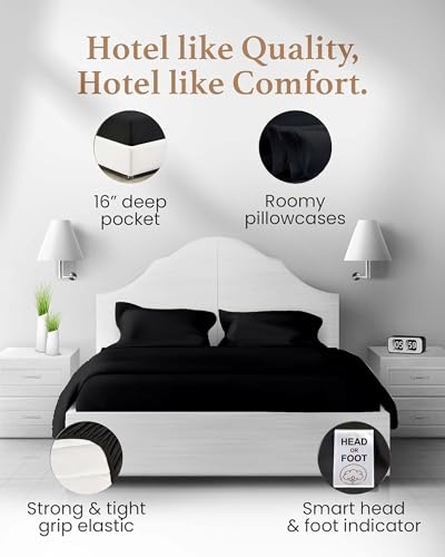 Image of Good Sleep Bedding Split King Sheet Set for Adjustable Bed, 5 Piece, 100% Egyptian Cotton King Split Sheets for Adjustable Bed, Sateen Weave, 16 inch Deep Pocket Sheet Set - Black