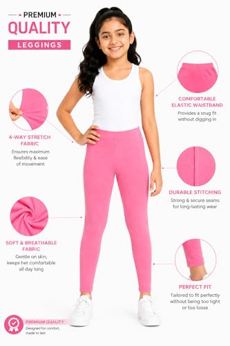 Image of BODYCARE Girls Cotton Stretch Leggings, Elastic Waist Ankle Length Leggings for Kids, Soft