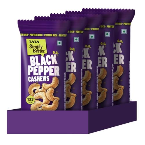 Image of Tata Simply Better O.G Black pepper Cashews, 23g (Pack of 5), Rich in Protein, Party Snack, Delicious Kaju Nuts, Ready To Eat Snack, No Palm Oil, No Trans Fat