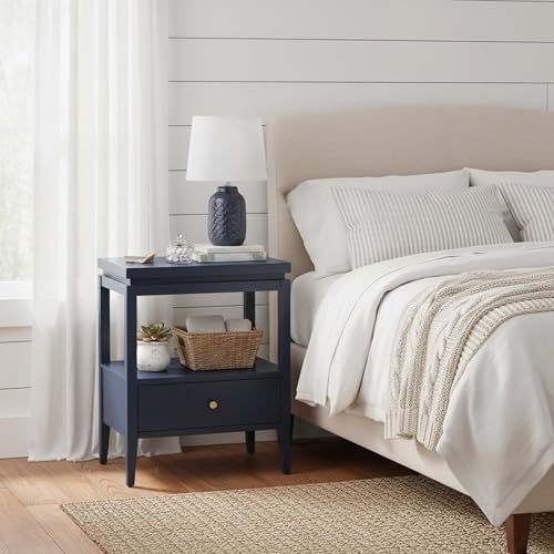 RiouPsithuric Mesita de Noche Azul Medianoche de 1 cajón, Madera Maciza y MDF con Tapa Flotante, Bandeja extraíble Oculta, Estante Espacioso, Tirador Dorado y Patas cónicas para Dormitorio.