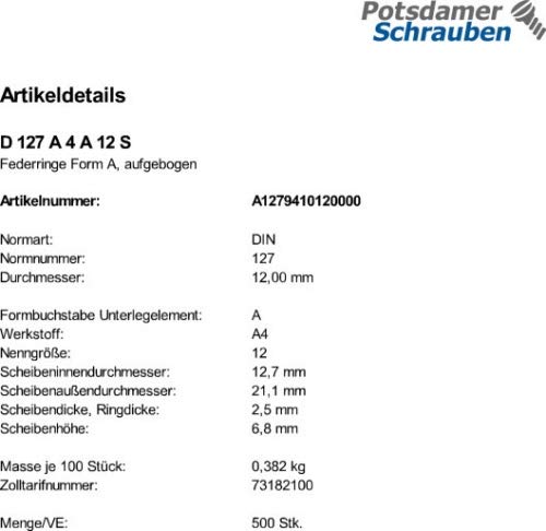 500 Edelstahl V4A Federringe DIN 127 A4 Form A M12
