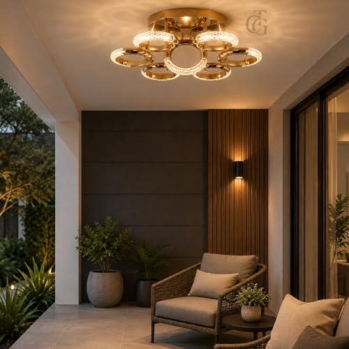 Image of Modern Ring Cluster LED Ceiling Fixture-6+1| Sculptural Blooming Rings Mount with 3C LED | French-Gold Decorative Fixture for Bedroom, Living Room & Dining Room