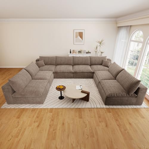 Image of 136 inch Cloud Couch Modular Sectional Sofa for Living Room, U-Shape Boneless Couch with Deep Seat, Modern Corduroy 8-Seater, No Assembly Required, Camel