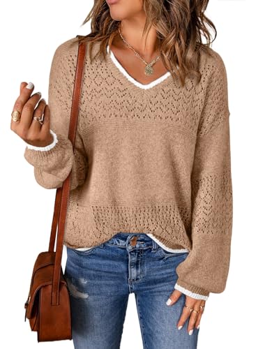 Image of SHEWIN Women's Sweaters Casual Long Sleeve V Neck Crewneck Lightweight Crochet Pullover Sweater Tops