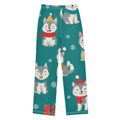 Husky Christmas Snow Boys Long Pants Soft Trousers Elastic Waist Kids Lounge Bottoms with Pockets S-XL