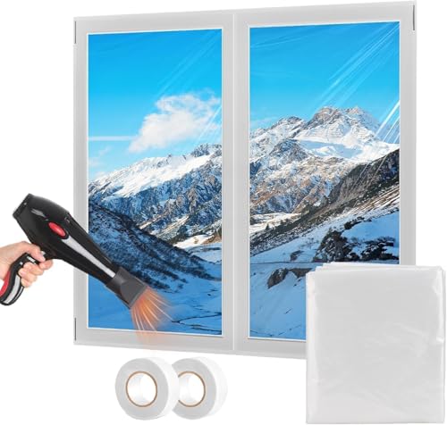 Pobuu 1.6m x 10m Window Insulation Kit, Plastic Clear Film, Tear Resistant Heat Shrink Window Film with Double-Side Tape for Winterizing and Keeping Cold Out