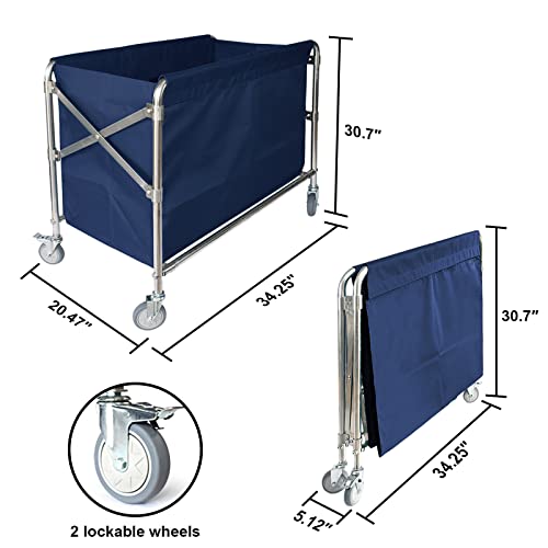 Laundry Cart With Wheels 34.25”L X 20.47”W X 30.7”H, Commercial Laundry Cart 440Lbs Load Capacity, Stainless Steel Frame Waterproof Oxford Bag Foldable Industrial Laundry Hamper For Industrial/Home #TOP1