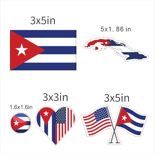 Image of Set of 5 National Flag Themed Sticker Decal of Flag, Country Map, Circular Shape, Heart Shape and with USA Flag for Car, Phone, Laptop, Mug, Bottle, Textbooks (Cuba)