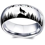XAHH 8mm Wolves in the Forest Animal Outdoor Scenery Ring Unique Stainless Steel Wedding Band Anniversary Promise Ring for Men and Women Silver Size 7