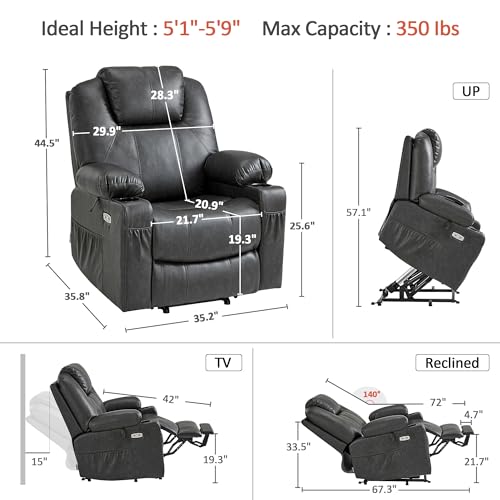 Image of MCombo Electric Power Lift Recliner Chair Sofa with Massage and Heat for Elderly, 3 Positions, 2 Side Pockets, and Cup Holders, USB Ports, Faux Leather 7040 (Grey, Medium)