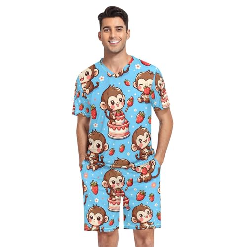 Men's Pajama Set Cute Monkey Strawberries Cake Short Sleeve with Shorts Pockets Sleepwear Set Summer Loungewear