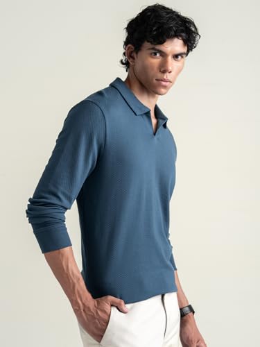 Image of DAMENSCH Statement Popcorn Johnny Collar Full Sleeve Polo with Premium Cotton Blend, Popcorn Texture, Colours by High-IQ Dyes Heavy Weight Fabric T-Shirt for Men