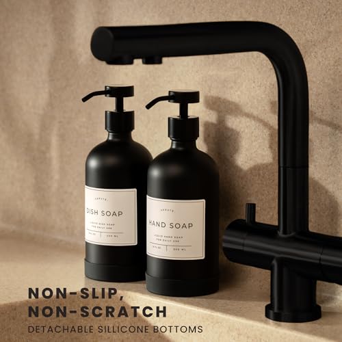 Image of Hand and Dish Soap Dispenser for Kitchen and Bathroom, Set of 2 16 Oz Glass Bottles, Stainless Steel Pumps, Non-Slip Silicone Base, 27 Waterproof Labels (Matte Black Bottle /Black Pump)