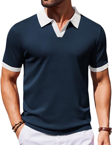 Image of COOFANDY Men's V Neck Short Sleeve Stretch Knit Polo Shirt