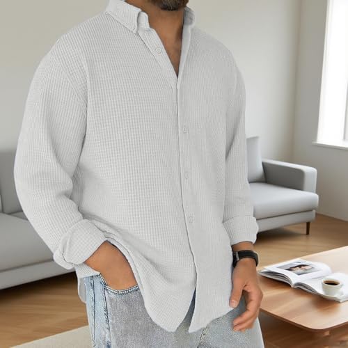 Mokaloha Mens Long Sleeve Shirts Waffle, Men's Stylish Casual Everyday Waffle Long-Sleeved Lapel Shirt2