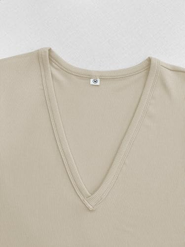 Image of Albe Rita Women Short Sleeve T-Shirt Cap V Neck Shirts for Women Ribbed Casual Top Knit Slim Fit for Summer