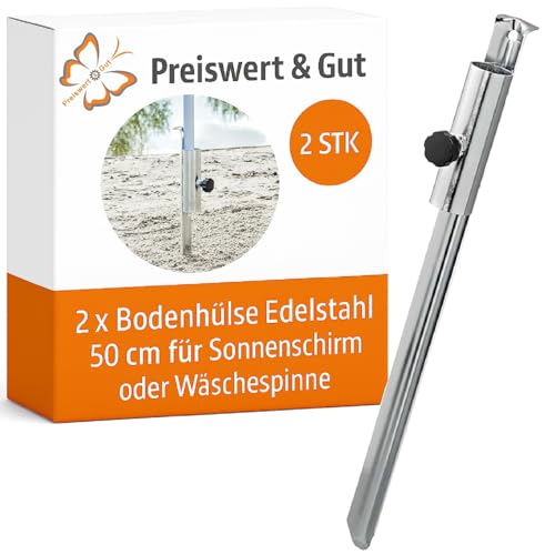 Preiswert&Gut 2X Bodenhülse Edelstahl 50 cm Fixierschraube für Camping und Wäscheständer für Rohre mit Durchmesser von 3,5 cm Rasendorn für Sonnenschirm oder Wäschespinne 510 Gramm