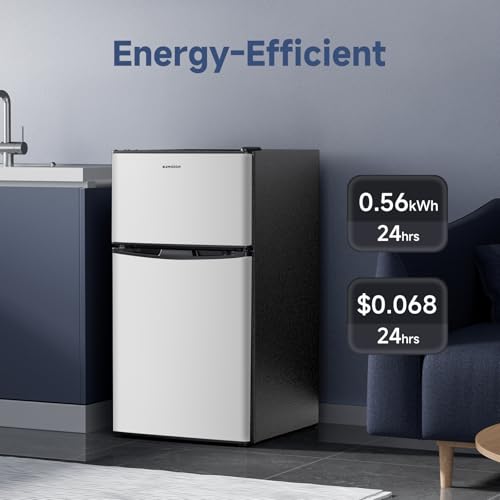 BANGSON Mini Fridge with Freezer, 3.2 Cu.Ft Small Refrigerator, 5 Settings Temperature Adjustable, Low Noise Refrigerator, 2 Door Small Fridge for Apartment, Home, Office and Dorm, Silver