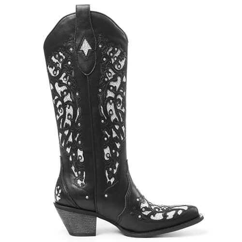 SaraIris Black Cowgirl Boots for Women Cowboy Boots Western Boots Chunky Heel Pointed Toe Pull On Rhinestones Knee High Boots 7