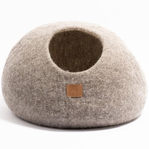 Extra Thick Felted Wool Cat Cave Bed Your Pet Will Love - Cozy and Warm Hideaway for Sleeping & Relaxing - Large and Small Pets - 100% Organic, Durable, Long-Lasting Comfort (Earth Brown, Small)