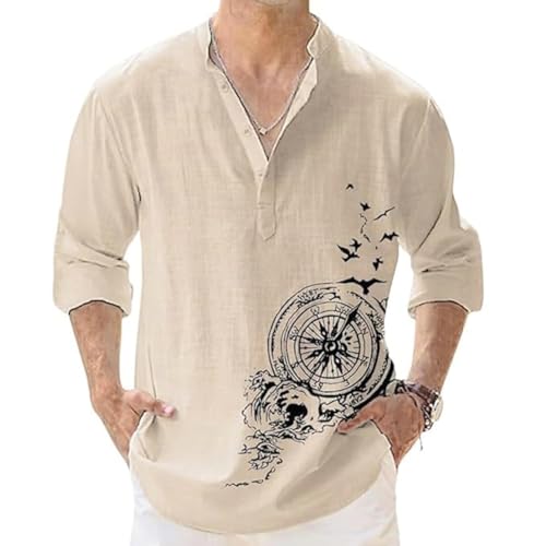 DEELMO Men's Cotton Blend Mandarin Collar Regular Fit Full Sleeve Casual Short Kurta, Beige, S