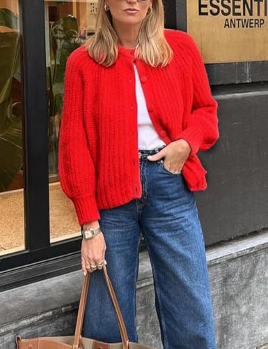 Image of Women's Casual Puff Long Sleeve Crew Neck Cardigan Button Down Open Front Knit Loose Sweater Outwear