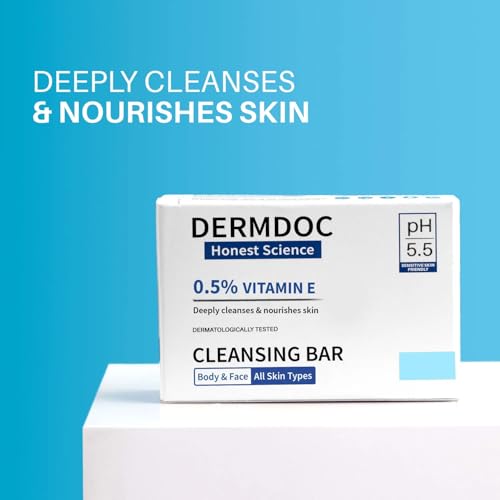 Image of DERMDOC by Purplle 0.5% Vitamin E Cleansing Bar (75 gm) (Pack of 2) | Mild, Gentle Cleansing Soap, Moisturising Soap, pH 5.5 | vitamin e for dry skin | facial cleansing bar