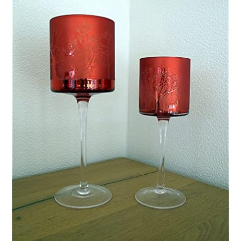 2tlg. Glaskelch Windlicht Set H20/25cm ROT innen Silber Motiv Winterwald Kerzenhalter Kerzenleuchter Kerzenständer Cover