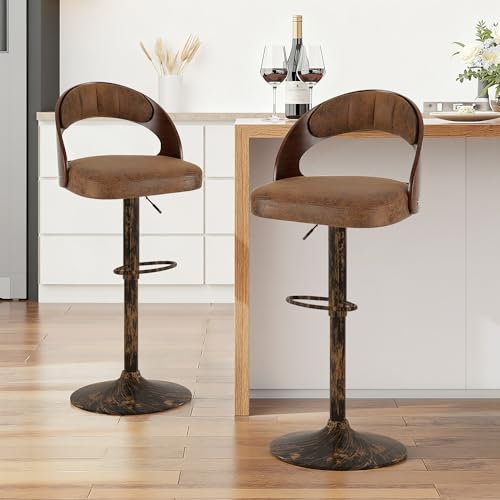 Butaco VECELO, Set de 2 taburetes de bar con respaldo de madera curvada, brazos y reposapiés, rotación 360°, altura ajustable para cocina y bar, asiento acolchado en cuero sintético PU, color marrón oscuro miniatura 1