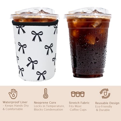 Image of Reusable Insulated Sleeve for Iced Coffee Cup, Coffee Neoprene Sleeve for Cold & Hot Drinks, Beverage Holder for Iced Coffee (Black Bow, Small: 16-18oz)