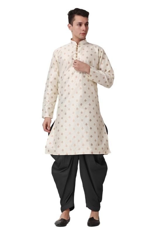 Kurta larga de seda jacquard dorada conjunto cómodo con salwar negro