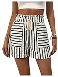 Verdusa Women's Cruise Outfits 2026 Striped Shorts Linen Clothes Summer Drawstring Waist Striped Straight Leg Shorts Black Large