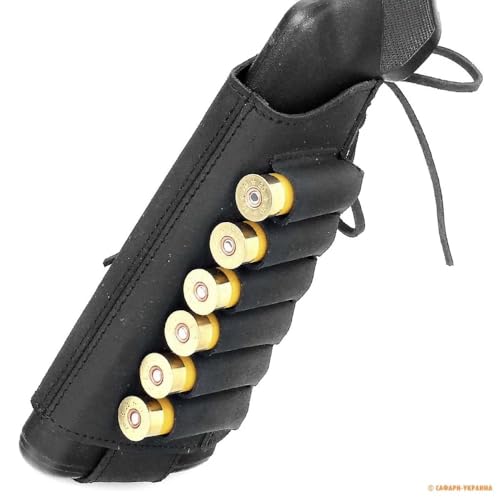 STAMESKY Leather Rifle Buttstock Shotgun Shell Holder, Recoil Pad for .30-30, .308, 12/16Ga Hunting (Black)