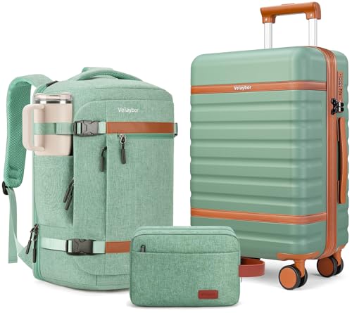 Velaybor Luggage Sets 3 Piece with Spinner Wheels Lightweight PC Hardside Suitcase with TSA Lock & YKK Zippers 20 Inch Carry On Luggage with Travel Bag for Men and Women Green