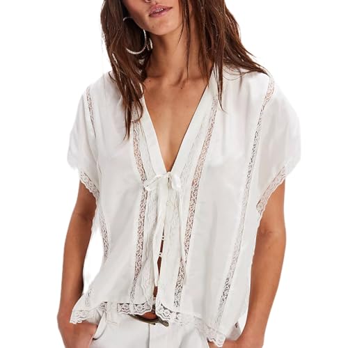 Women Y2k Sheer Lace Trim Button Up Tank Tops Cute Front Tie Up V Neck Going Out Blouse Shirts Vest Summer