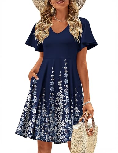 Zeagoo Petite Dresses for Women 2026 Cute Summer Mini Dress Elegant Short Sleeve Crewneck Tshirt Dress Floral Beach Sundress Empire Waist Tunic Dresses