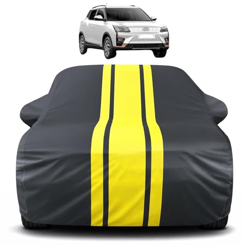 Image of Auto Hub Car Cover Compatible with Mahindra xuv 400 with Mirror Pocket, Soft Cotton Lining, xuv 400 Car Cover Waterproof - Yellow-Black
