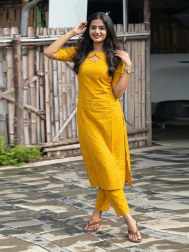 Image of ANNI Designer Women's Viscose Straight Printed Kurta with Pant | Ethnic Indian Kurta Set | Round Neck Keyhole Design | Elbow Sleeve Traditional Dress | Office Occasion Outfit